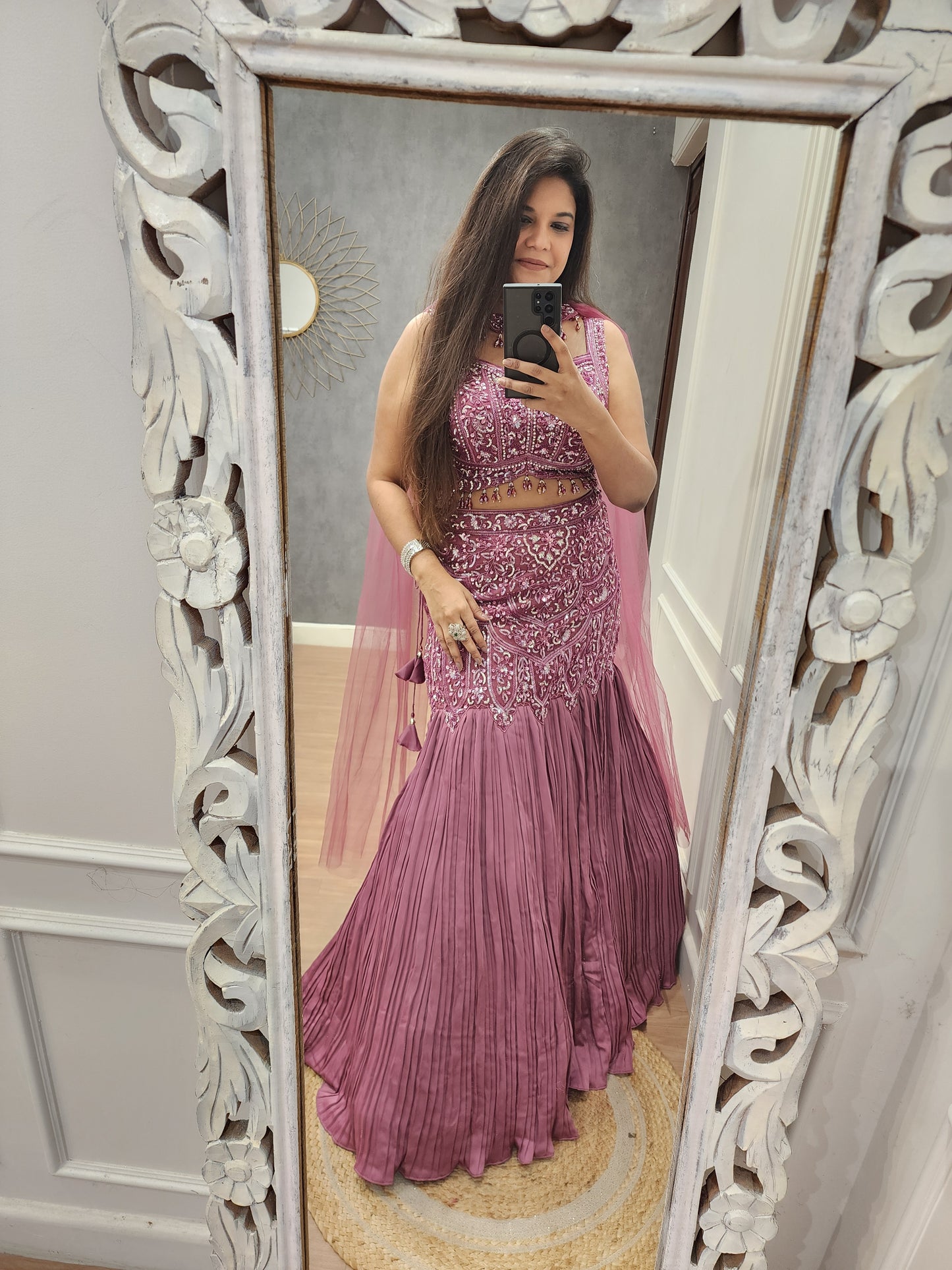 Metallick pink fishcut lehenga