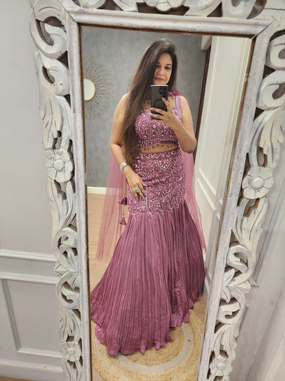 Metallick pink fishcut lehenga