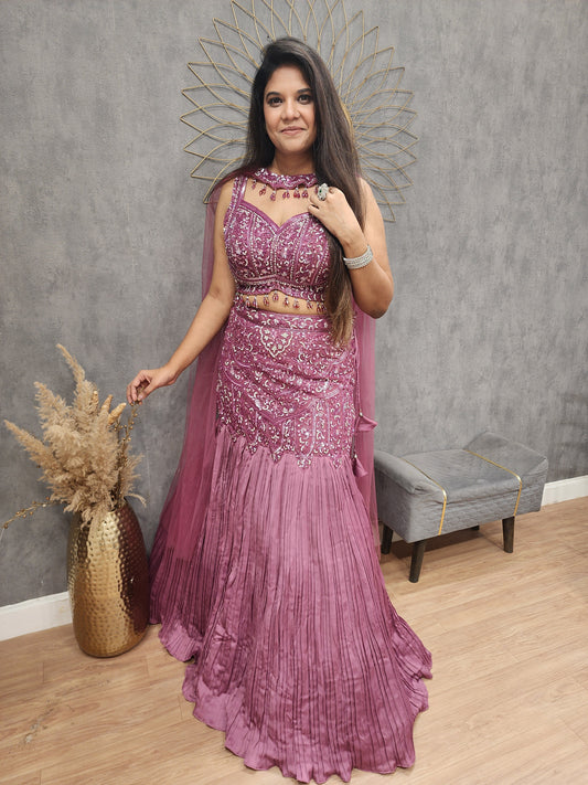 Metallick pink fishcut lehenga