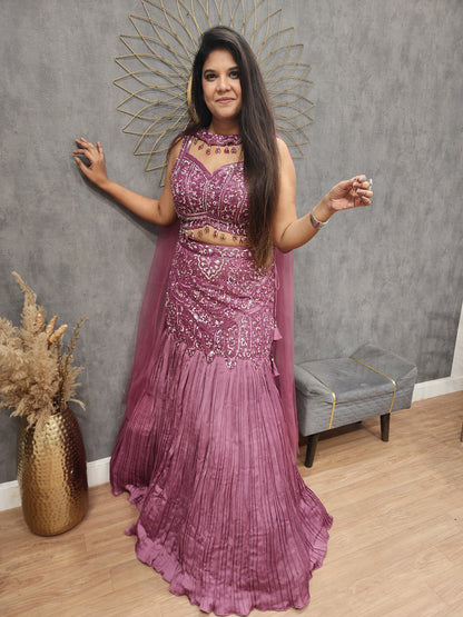 Metallick pink fishcut lehenga