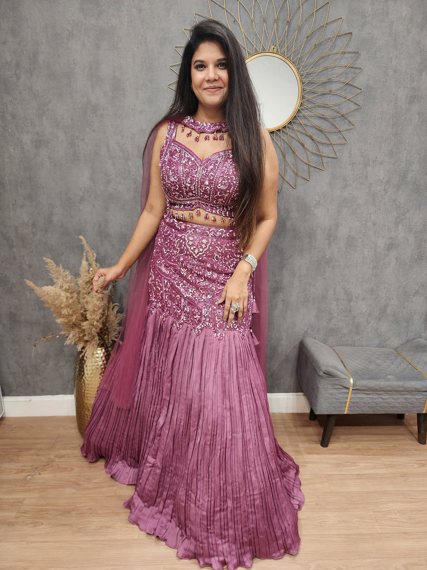 Metallick pink fishcut lehenga