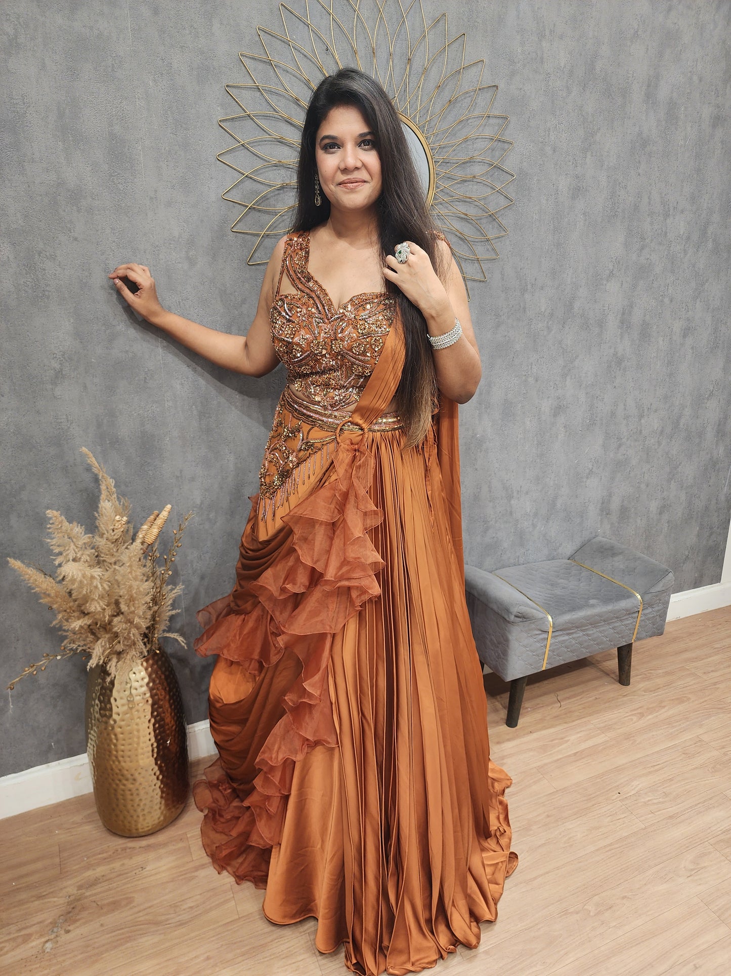 Burnt rust ruffles drape lehenga