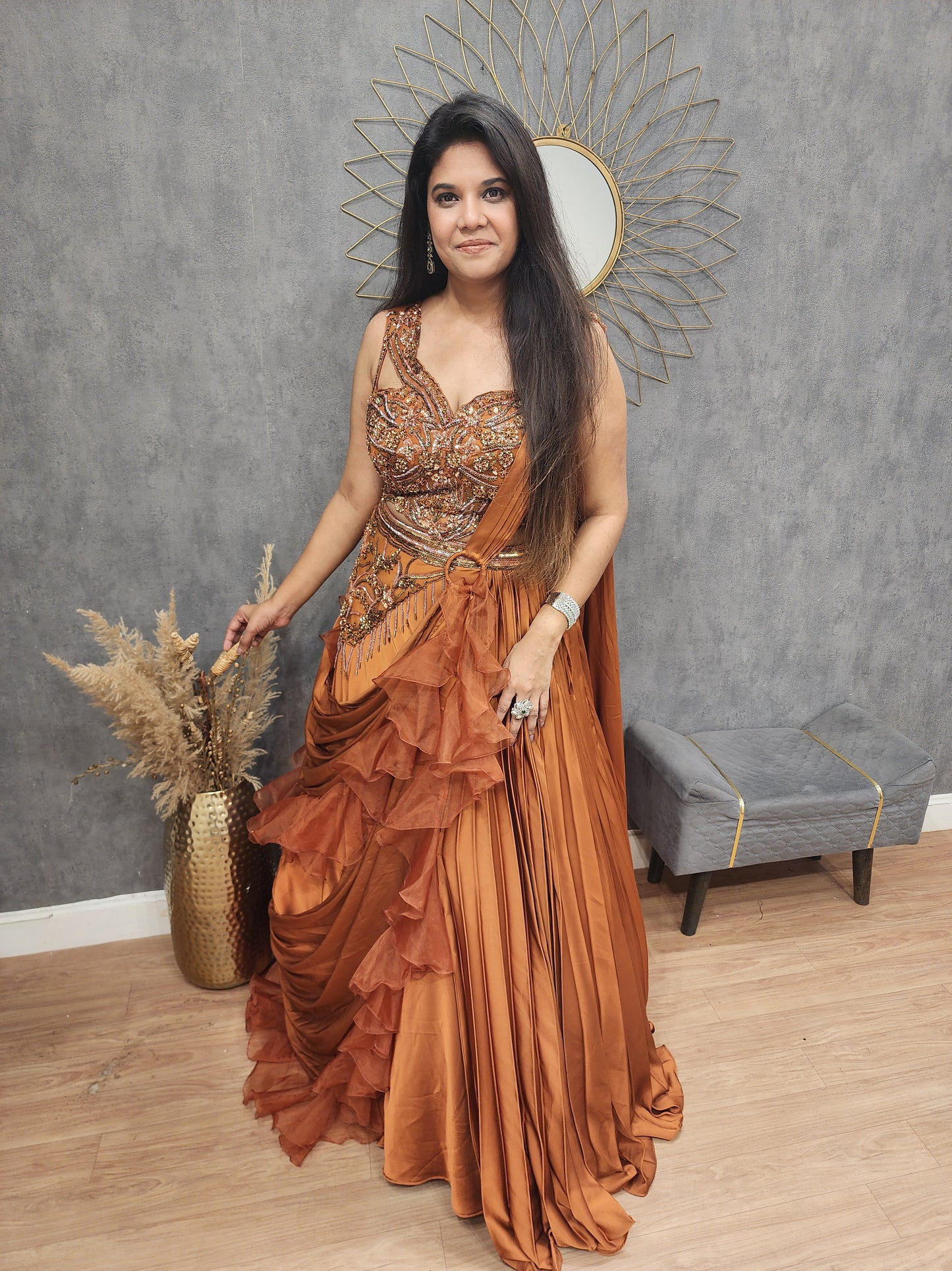 Burnt rust ruffles drape lehenga