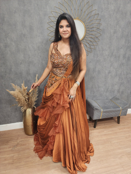 Burnt rust ruffles drape lehenga