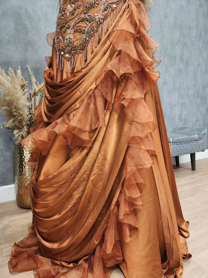 Burnt rust ruffles drape lehenga