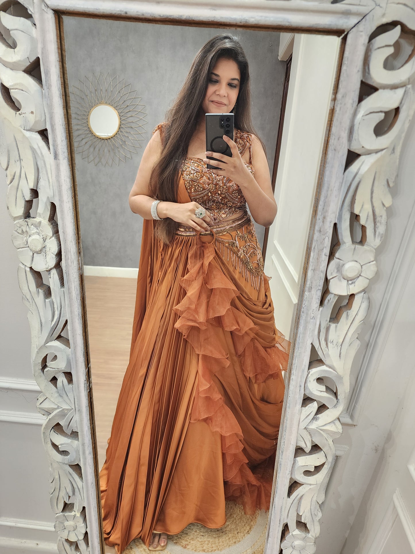 Burnt rust ruffles drape lehenga