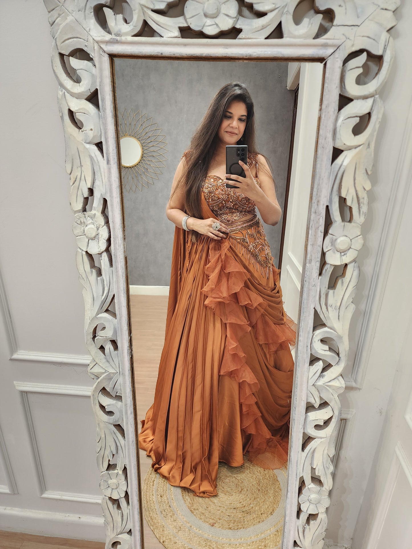 Burnt rust ruffles drape lehenga