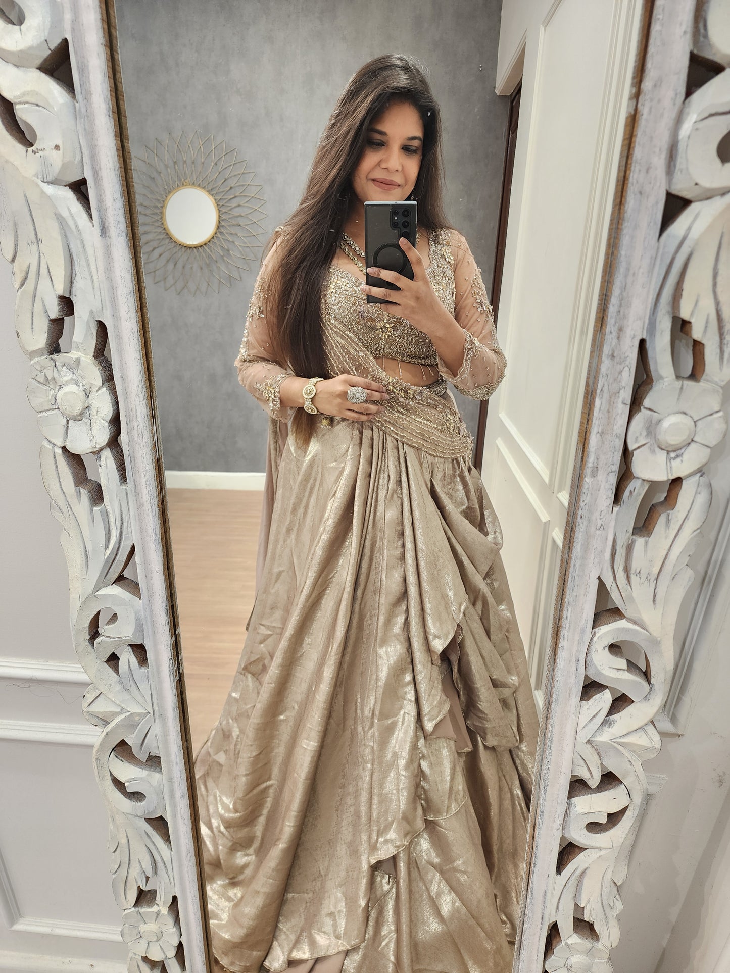 Kayamat Champagne cowl cut drape lehenga