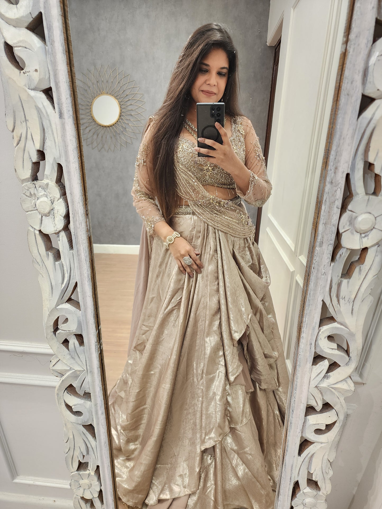 Kayamat Champagne cowl cut drape lehenga