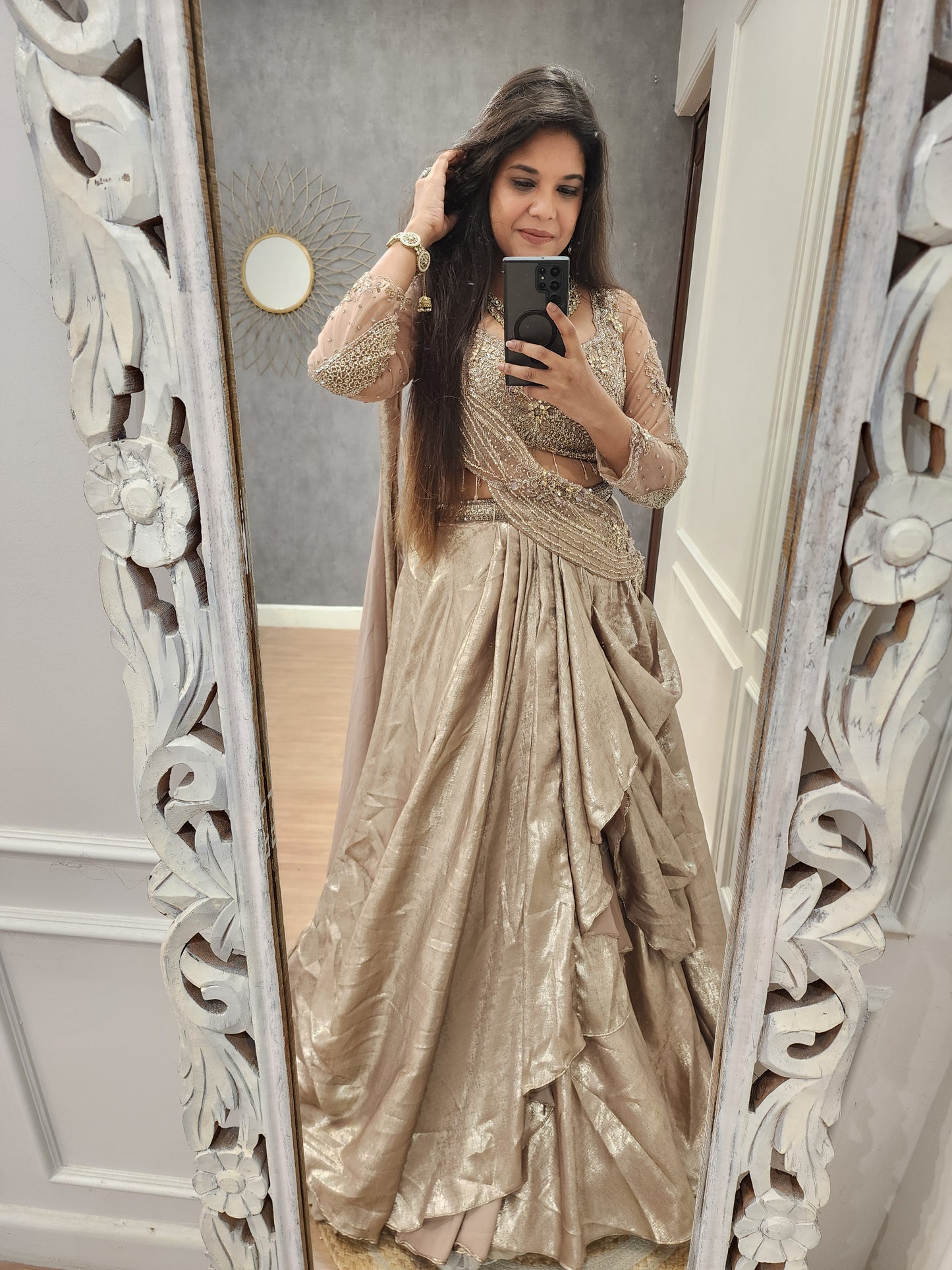 Kayamat Champagne cowl cut drape lehenga