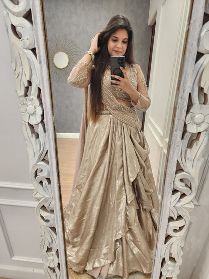 Kayamat Champagne cowl cut drape lehenga