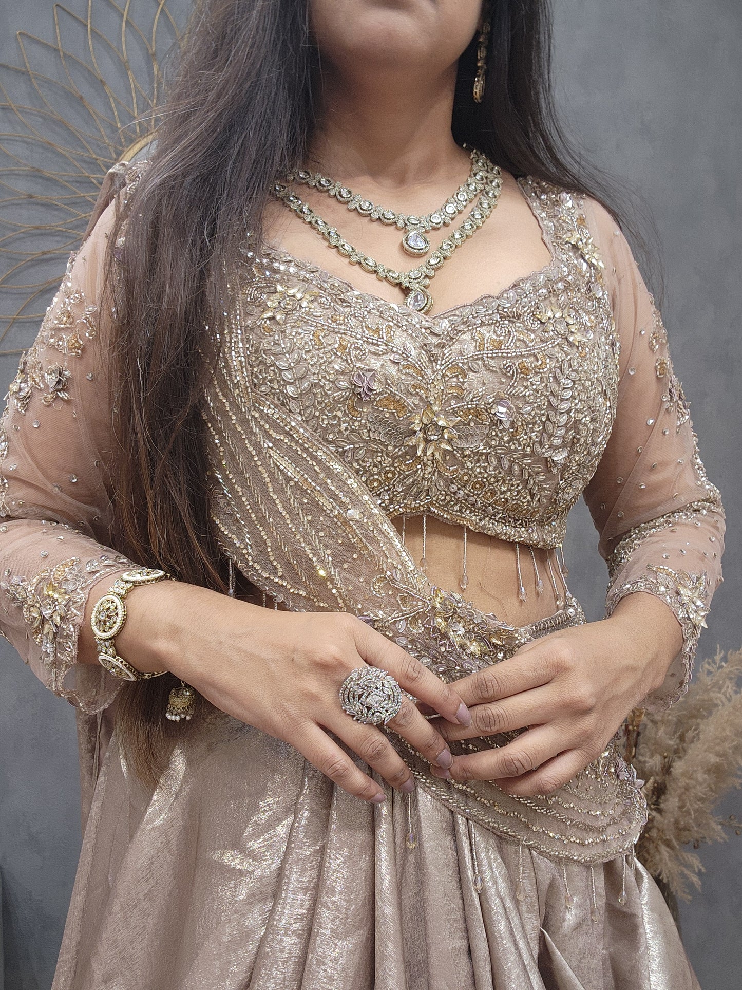 Kayamat Champagne cowl cut drape lehenga