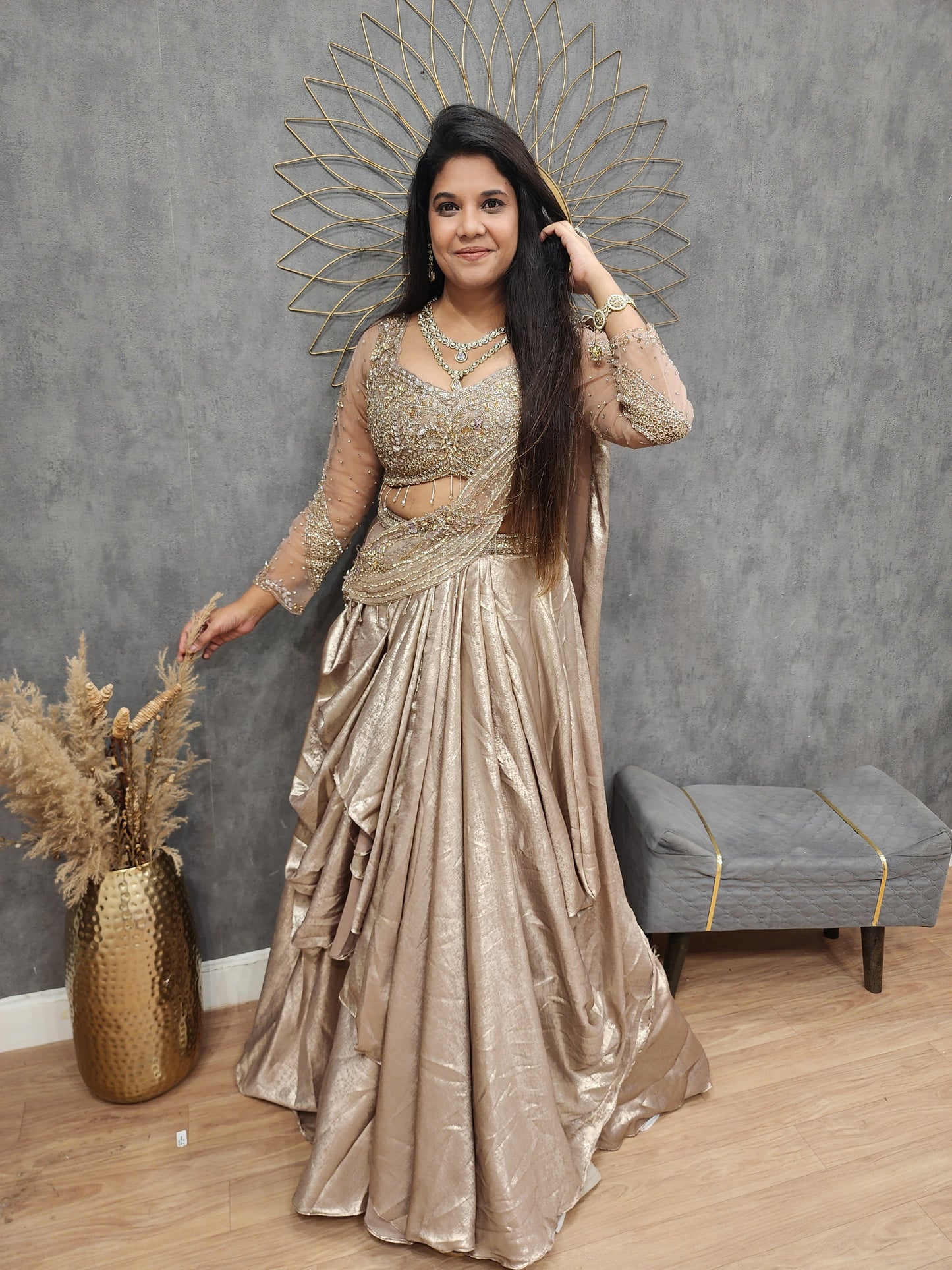Kayamat Champagne cowl cut drape lehenga