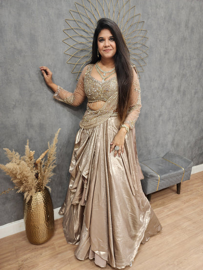 Kayamat Champagne cowl cut drape lehenga