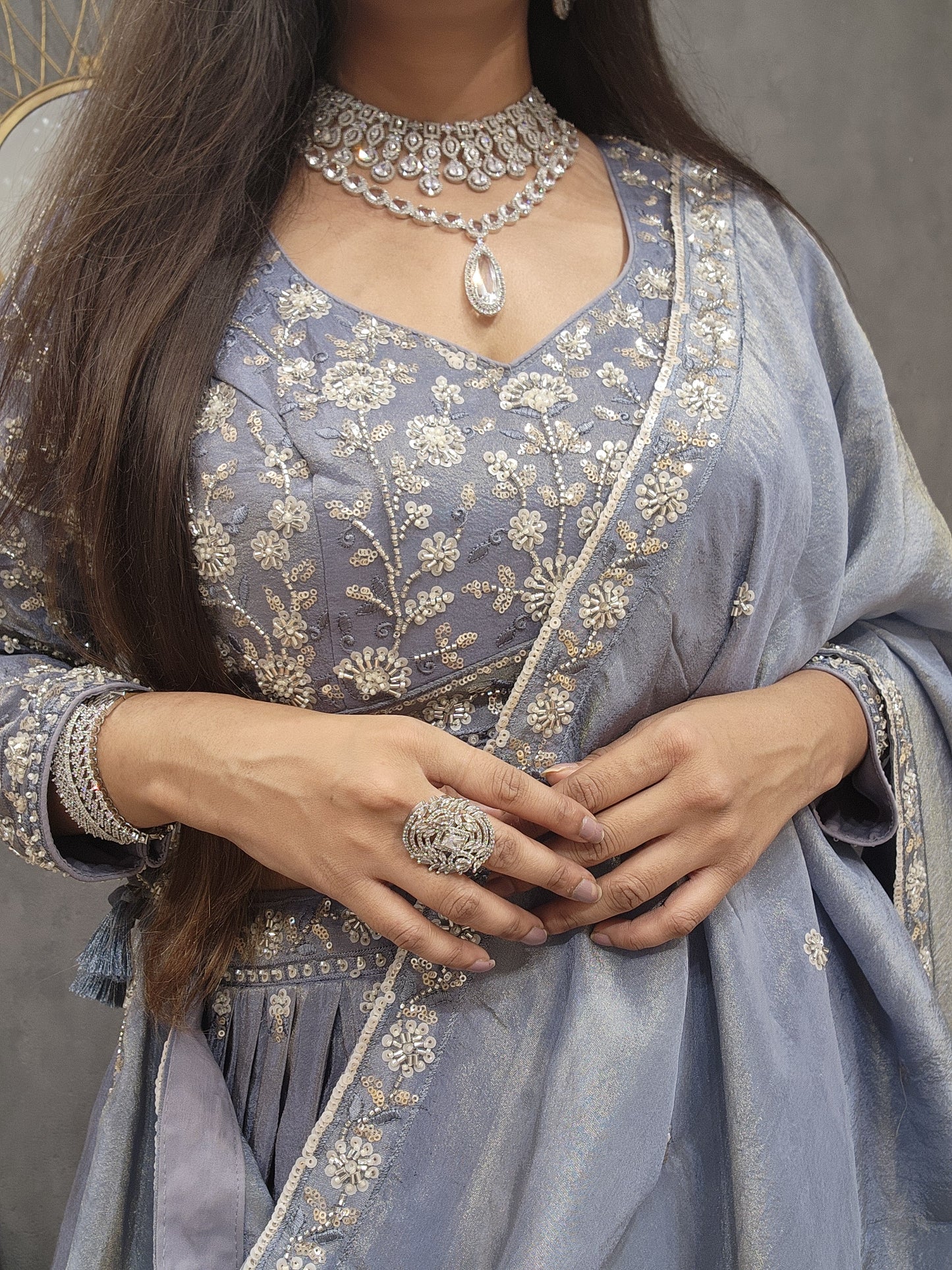 Royal Greyish blue embellished lehenga set