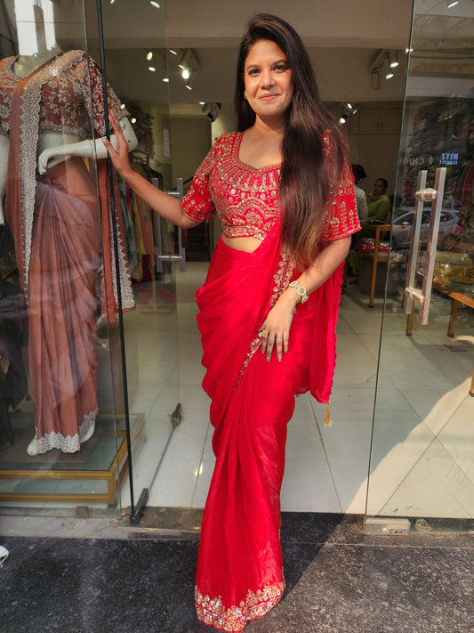 Meera red embellished drape saree