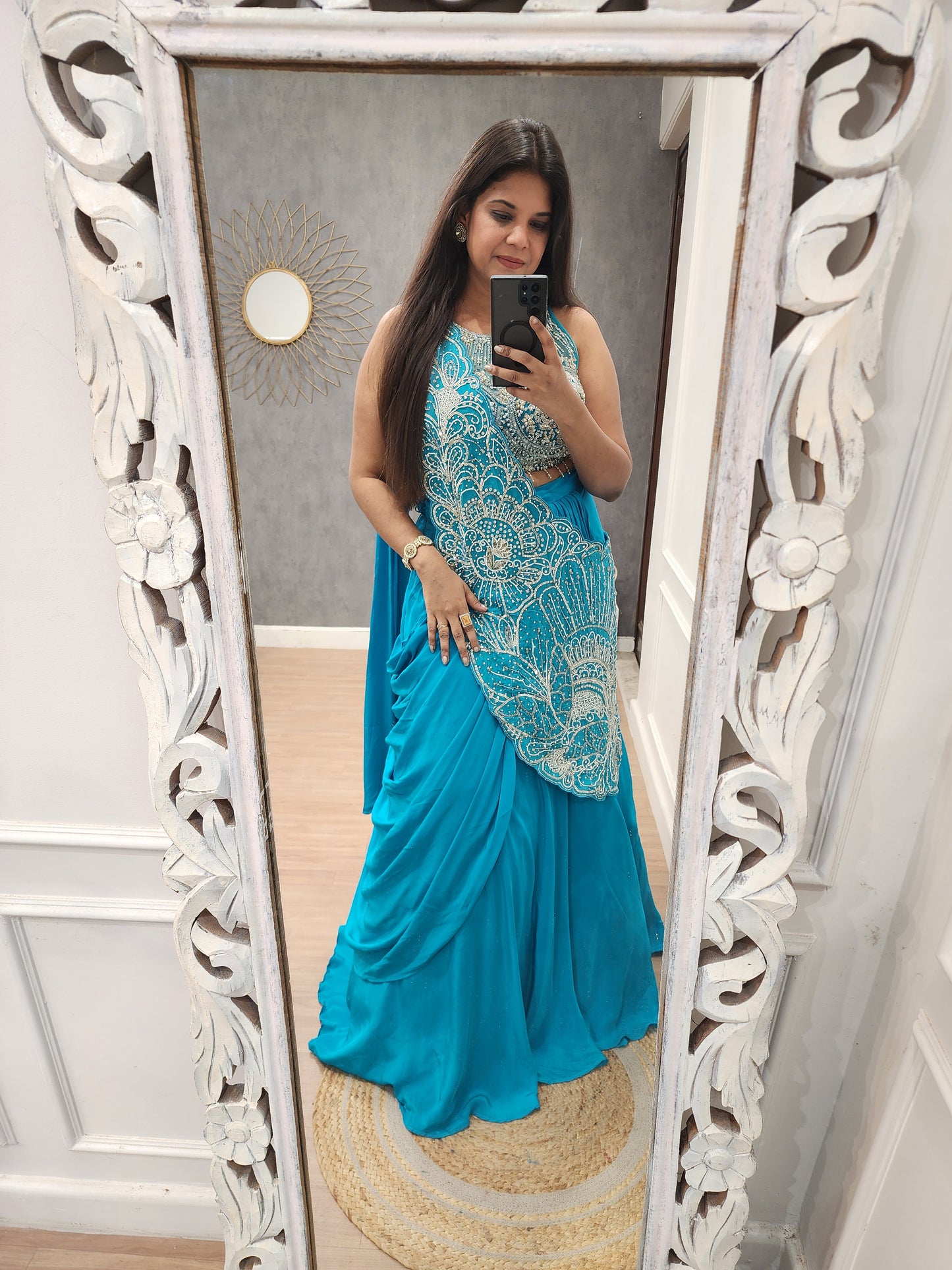 Bebo blue leafy drape lehengas et
