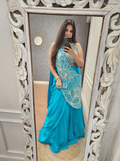 Bebo blue leafy drape lehengas et