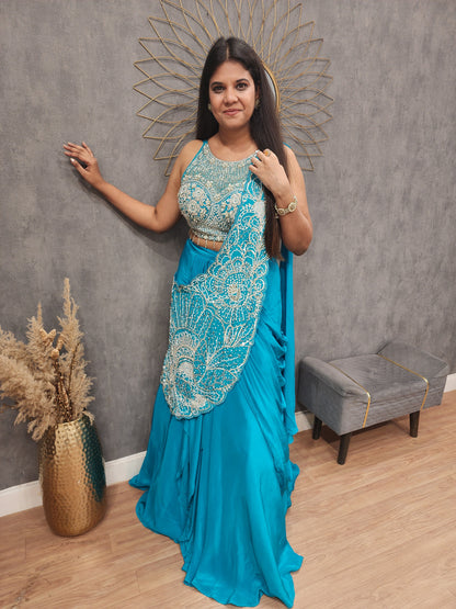Bebo blue leafy drape lehengas et