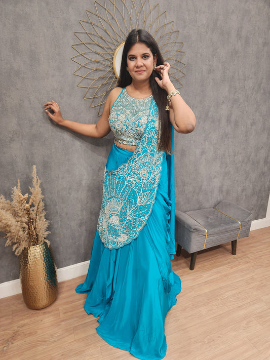 Bebo blue leafy drape lehengas et