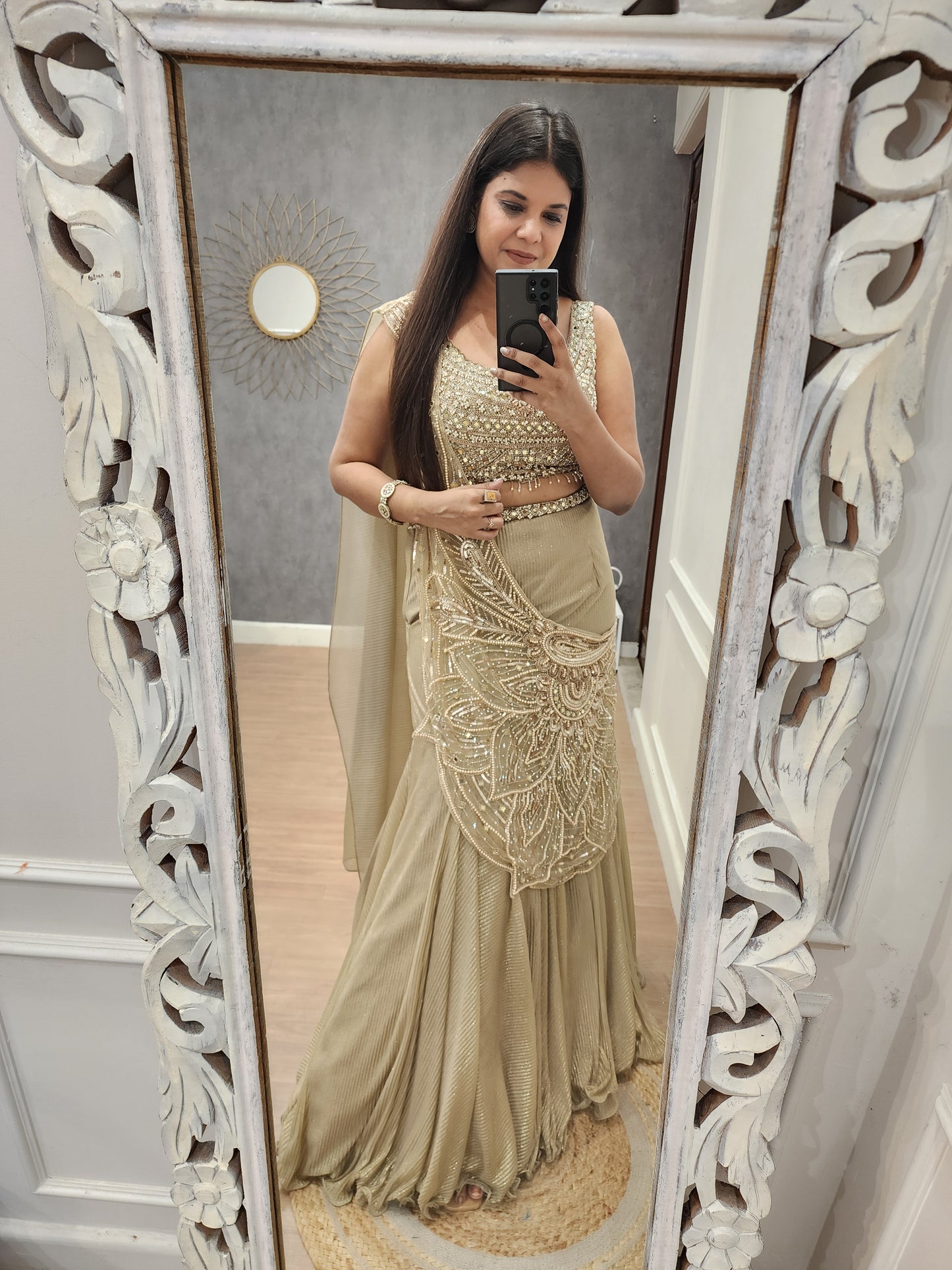 Royal fishcut leafy drape lehenga set