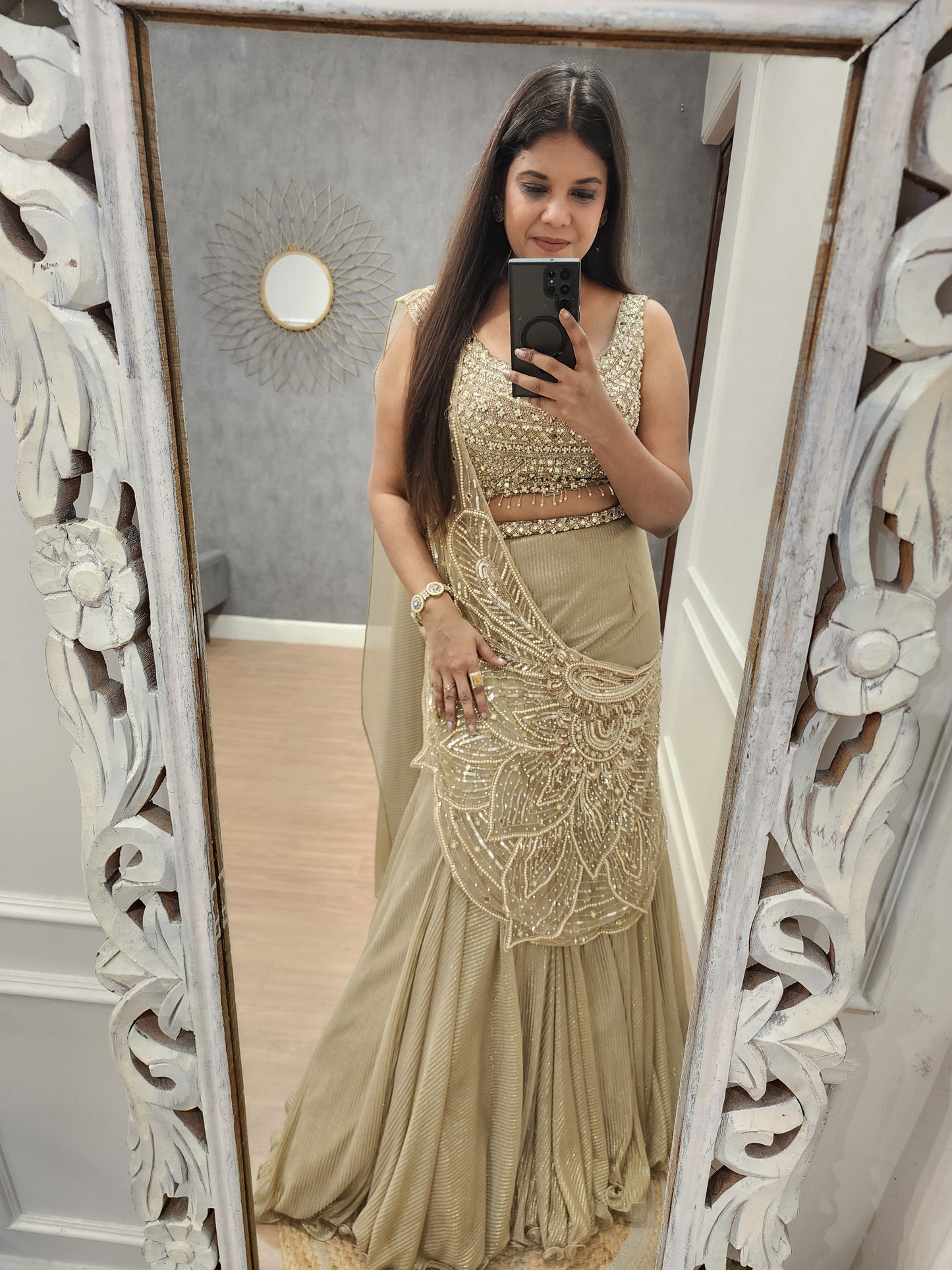 Royal fishcut leafy drape lehenga set