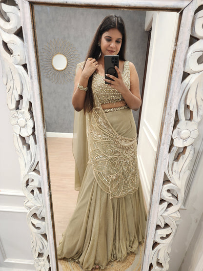 Royal fishcut leafy drape lehenga set