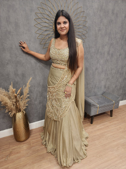 Royal fishcut leafy drape lehenga set