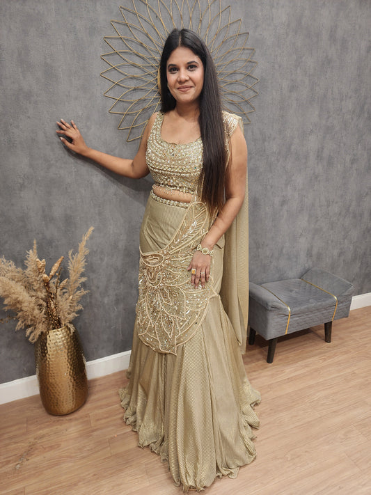 Royal fishcut leafy drape lehenga set