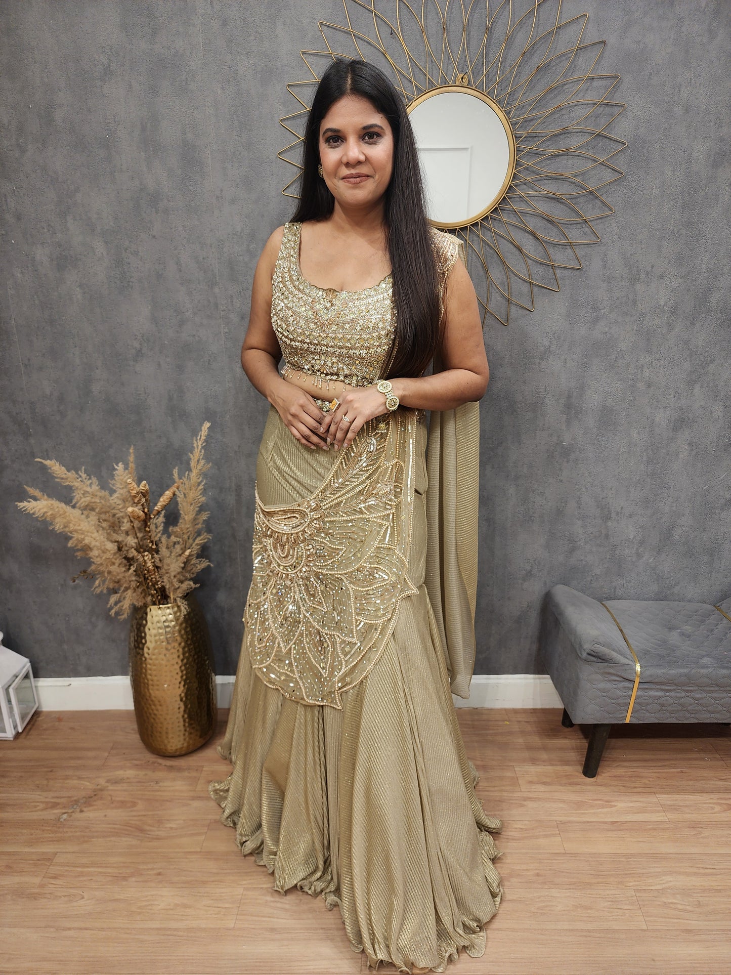 Royal fishcut leafy drape lehenga set