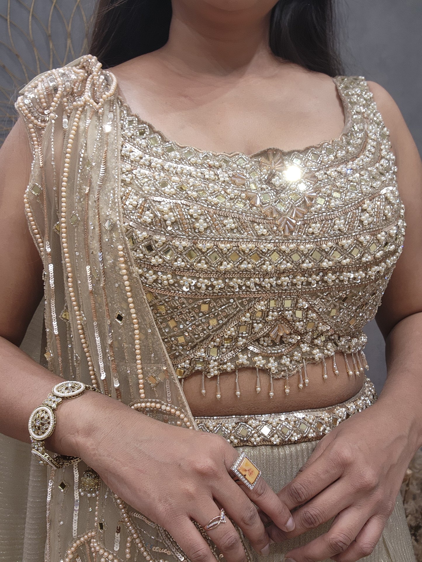 Royal fishcut leafy drape lehenga set