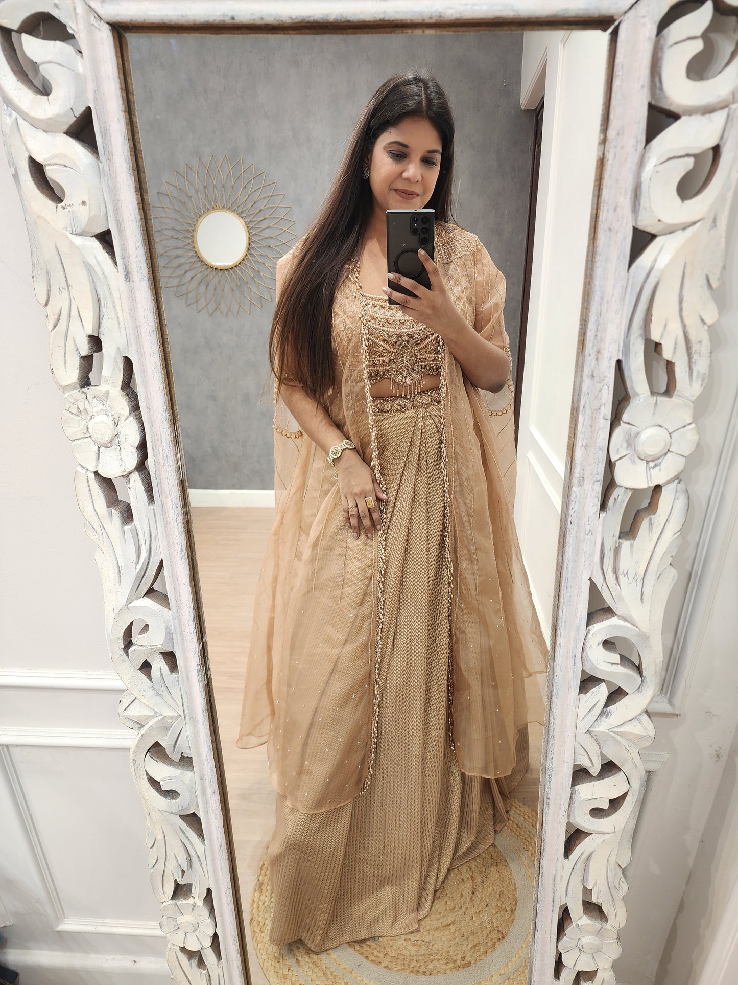 Beige long kacket indowestern lehenga