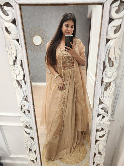 Beige long kacket indowestern lehenga
