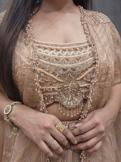 Beige long kacket indowestern lehenga