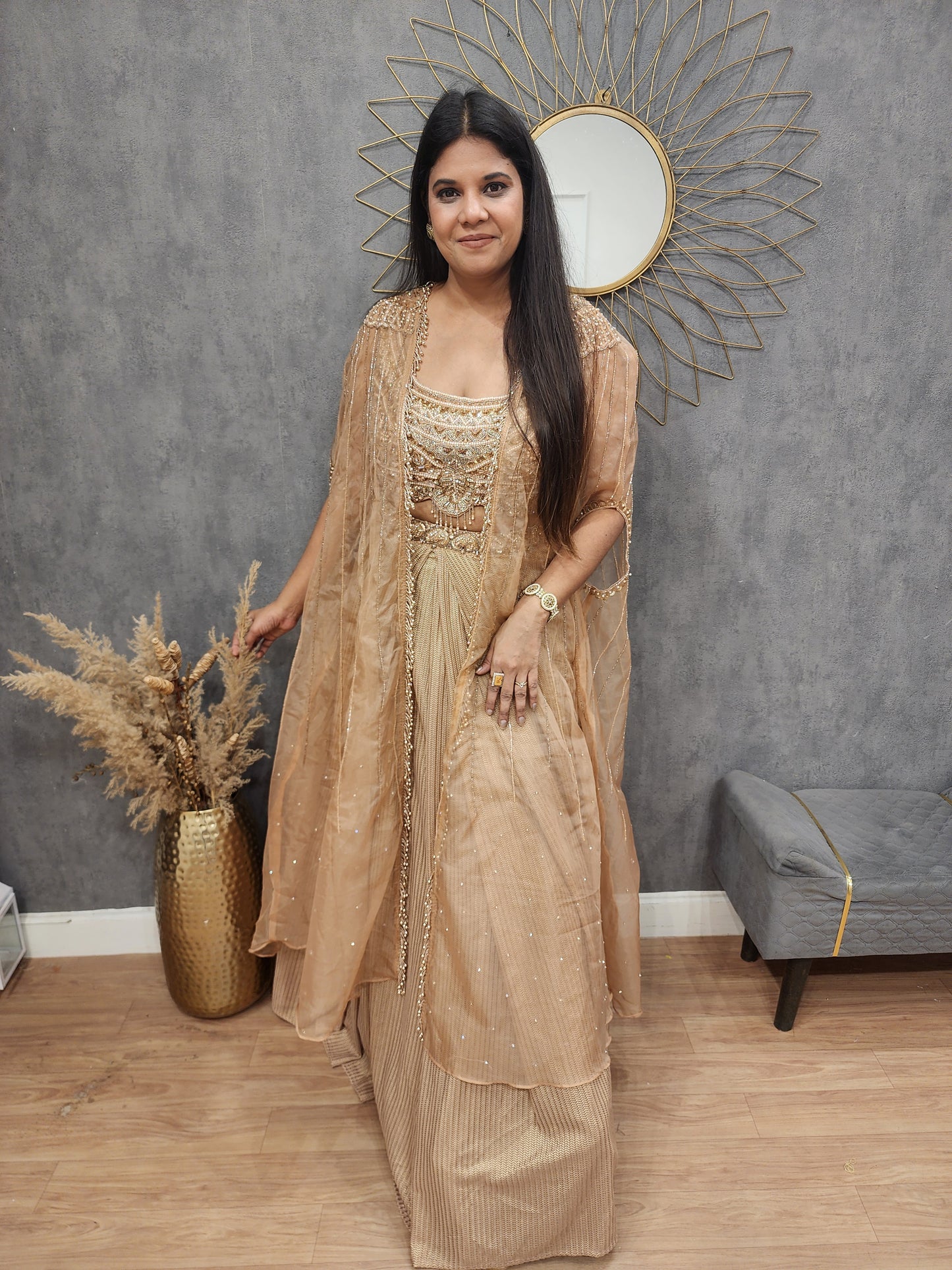 Beige long kacket indowestern lehenga
