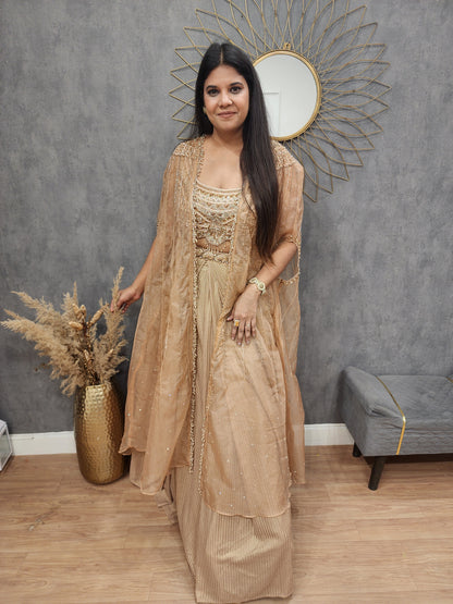 Beige long kacket indowestern lehenga