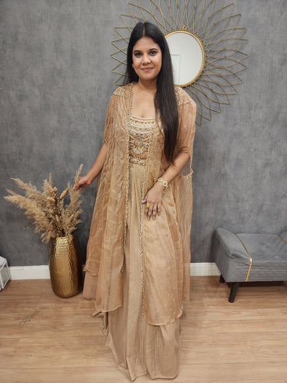 Beige long kacket indowestern lehenga