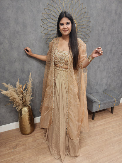 Beige long kacket indowestern lehenga