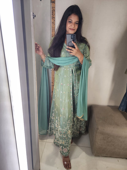 Dua metallick green centre slit dress