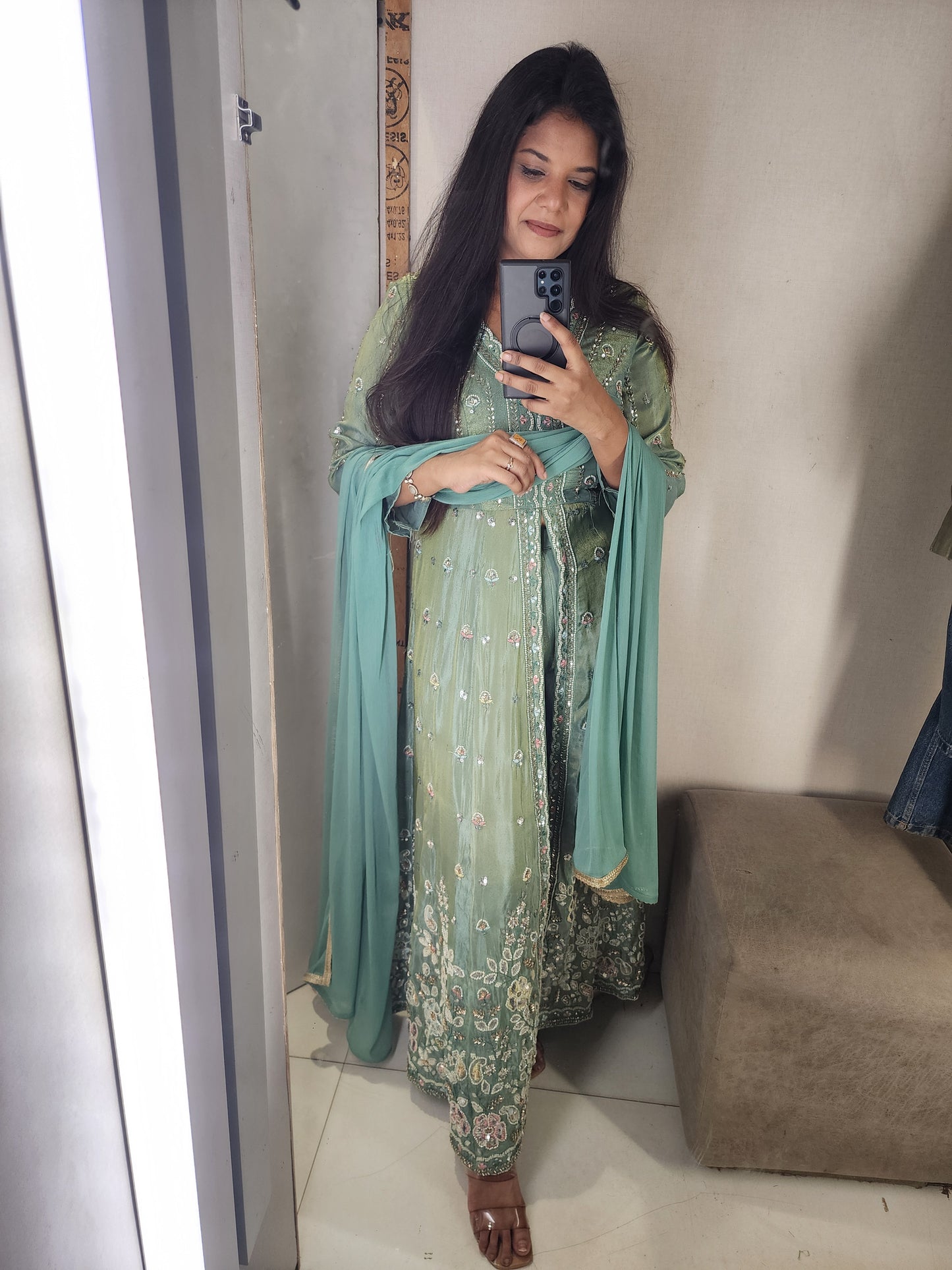 Dua metallick green centre slit dress