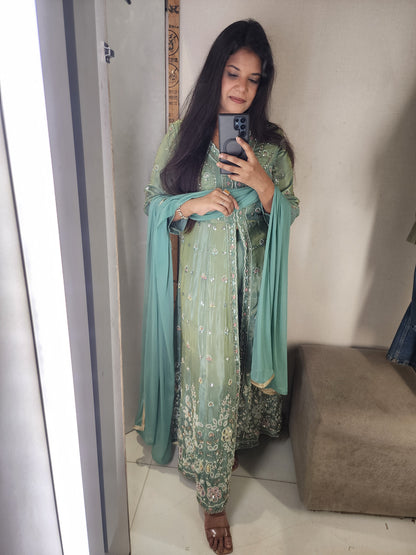 Dua metallick green centre slit dress