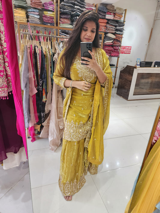 Metallick mustrad embroided garara suit