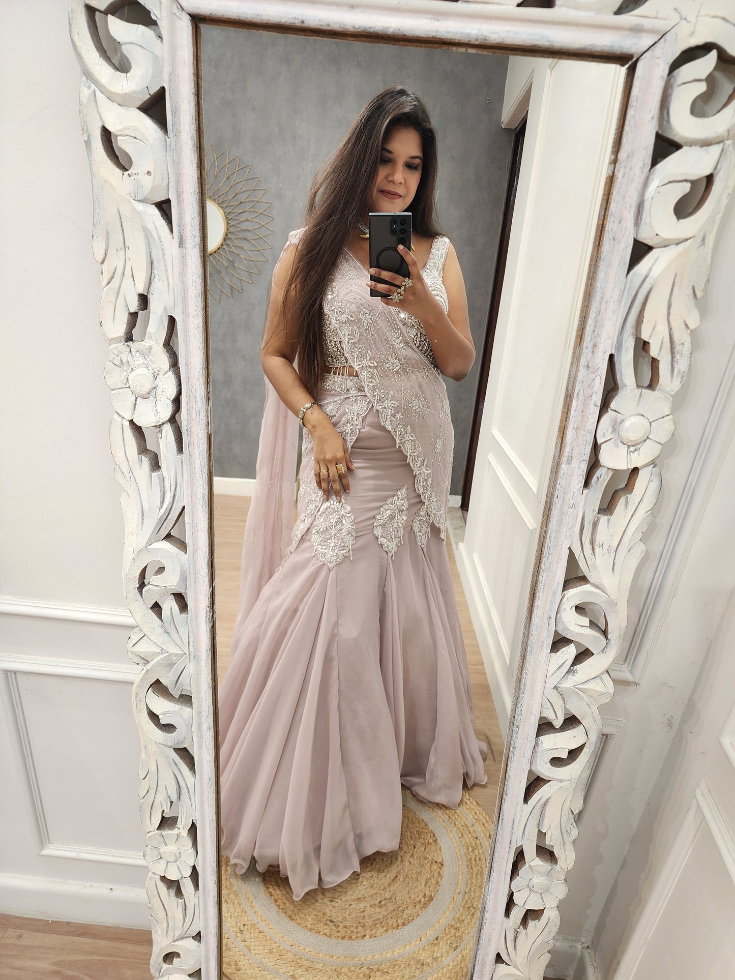 Jannat kali nude pink drape lehenga