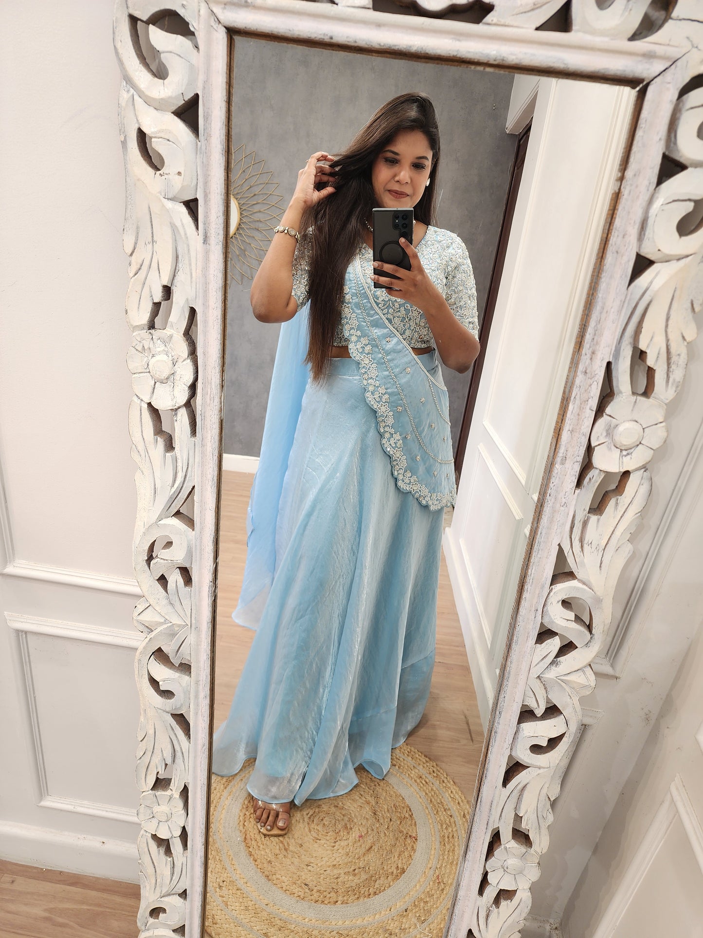 Blue drape lehenga saree