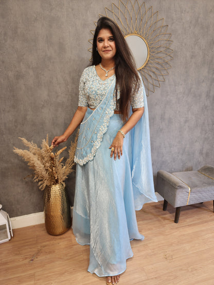 Blue drape lehenga saree