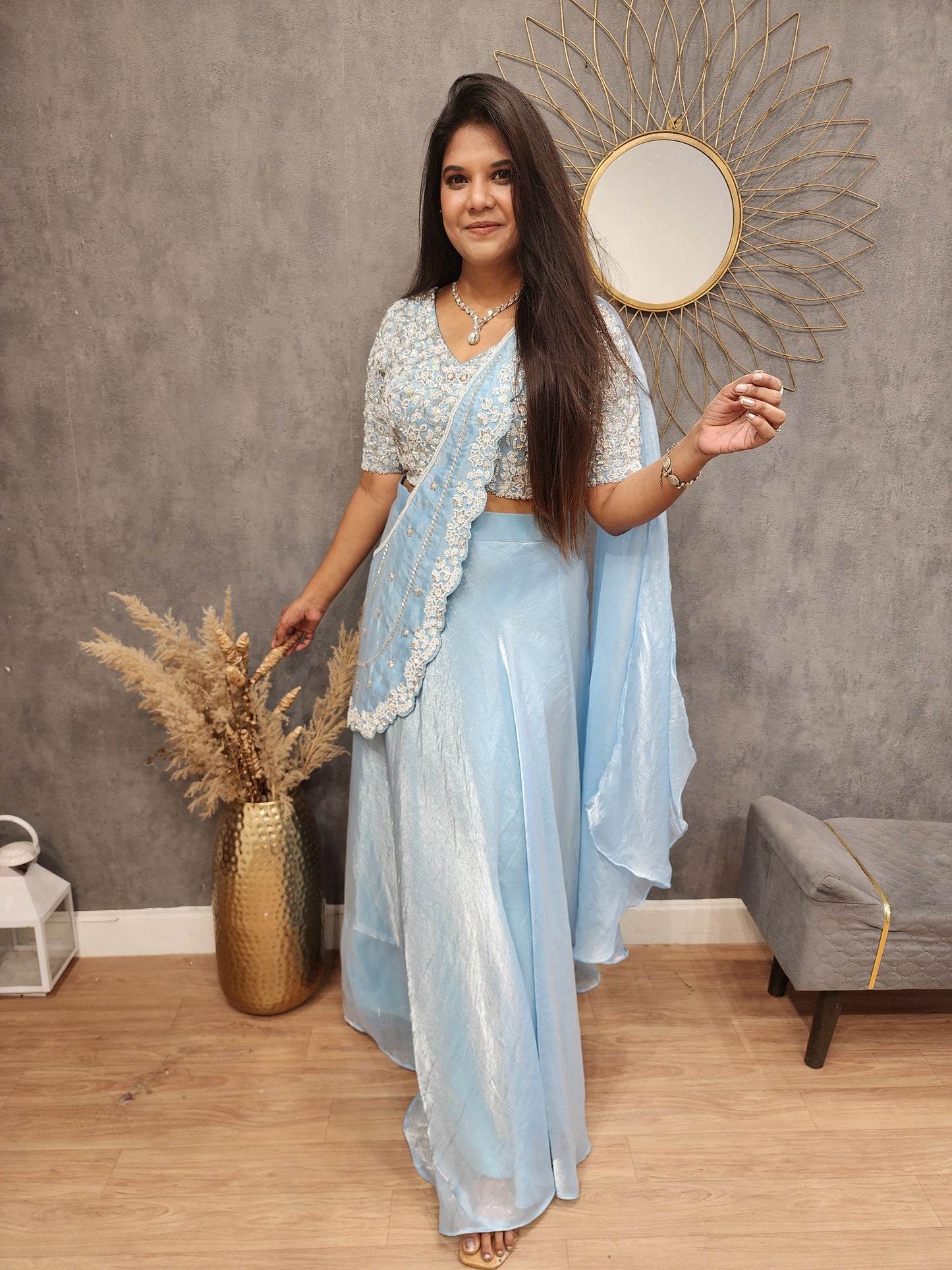 Blue drape lehenga saree