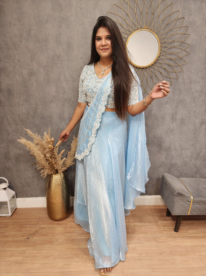 Blue drape lehenga saree