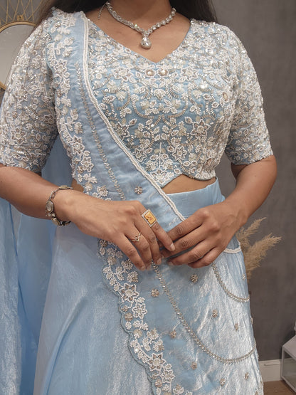 Blue drape lehenga saree