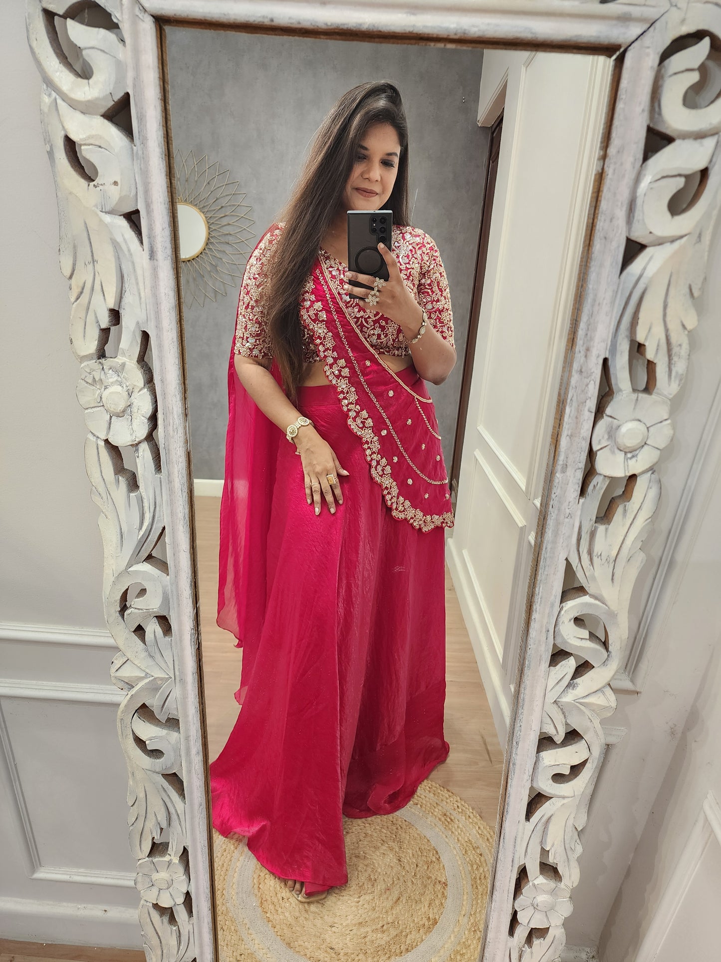 Blood red drape lehenga saree