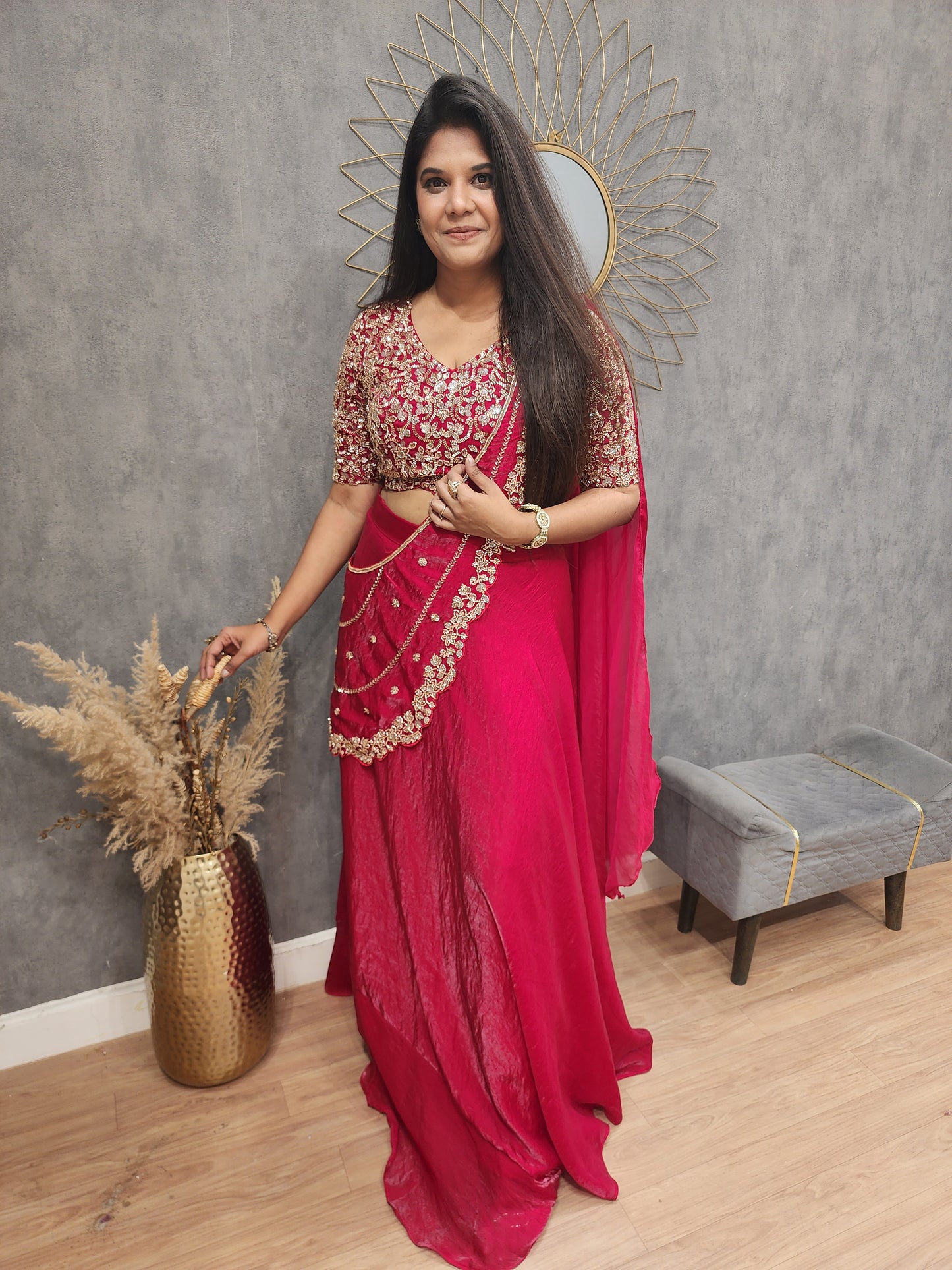 Blood red drape lehenga saree